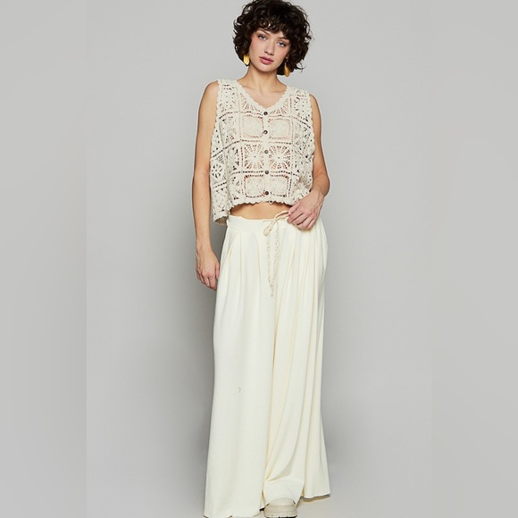 131. POL Crochet tan cream button down sleeveless tank top boho bohemian - Picture 4 of 4